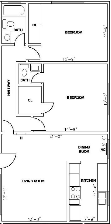 Floor plan for 2 beds, 1.5 baths, 888 sqft